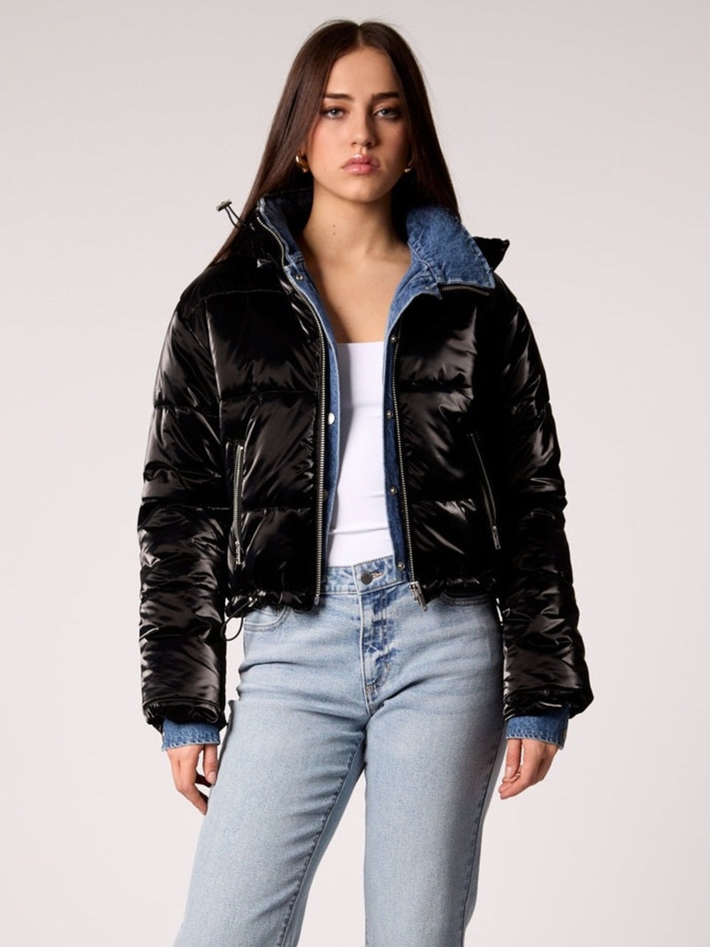 Blue Revival In the Mix Denim Puffer in Black Gloss Shiny Size S